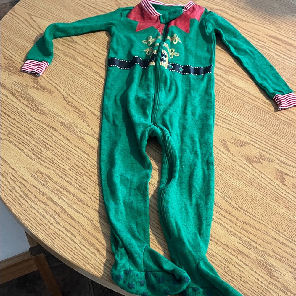 #35.Festive Green and Red Kids Footie Pajamas